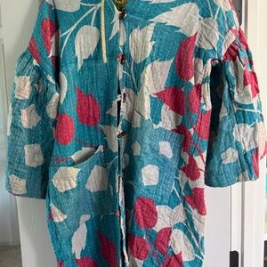 Blue and Red Bell Sleeve Kimono Jacket